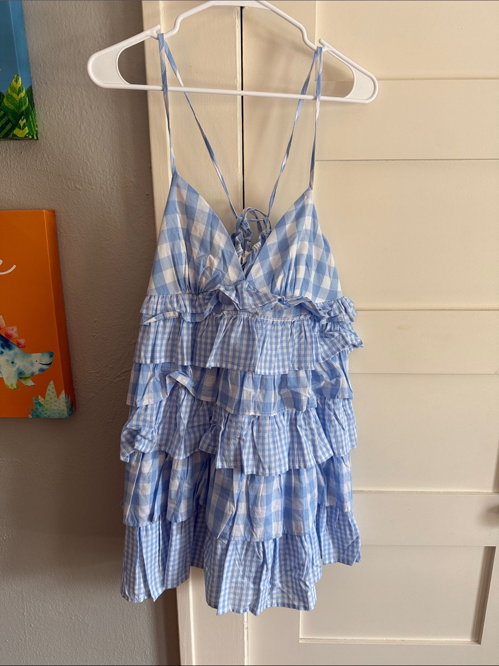 Light Blue Gingham Ruffle Tiered Girls' Dress with Tie Straps